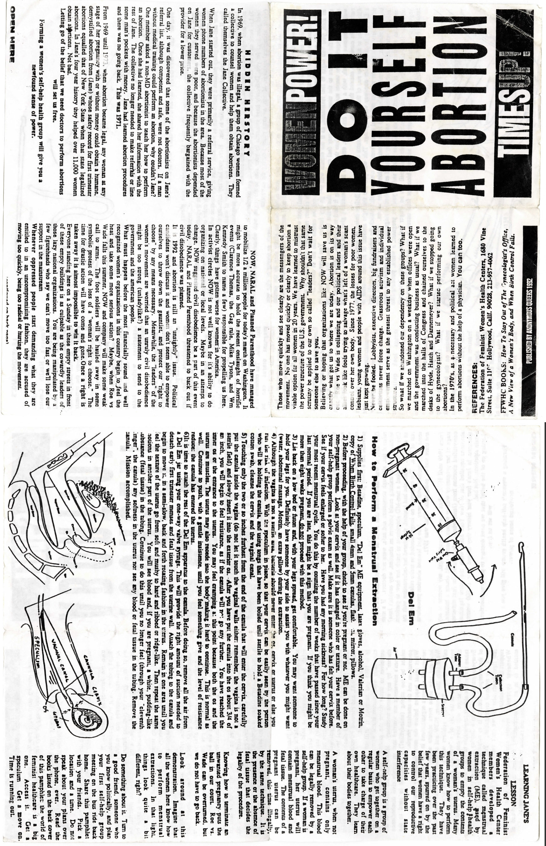 Zine titled, "Do It Yourself Abortion" with information of the history of at home abortions and a step by step guide on how to perform a menstrual extraction. 